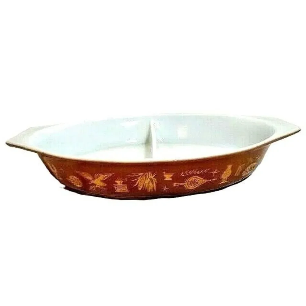 Pyrex Early American Divided Casserole Dish Gold Brown White 1.5 Qt Vintage 60s